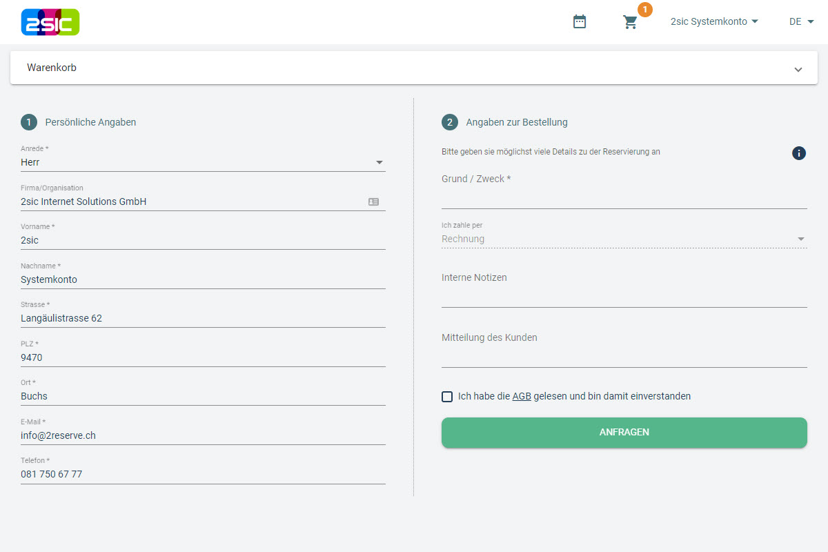 Standardansicht bei der Bestellung